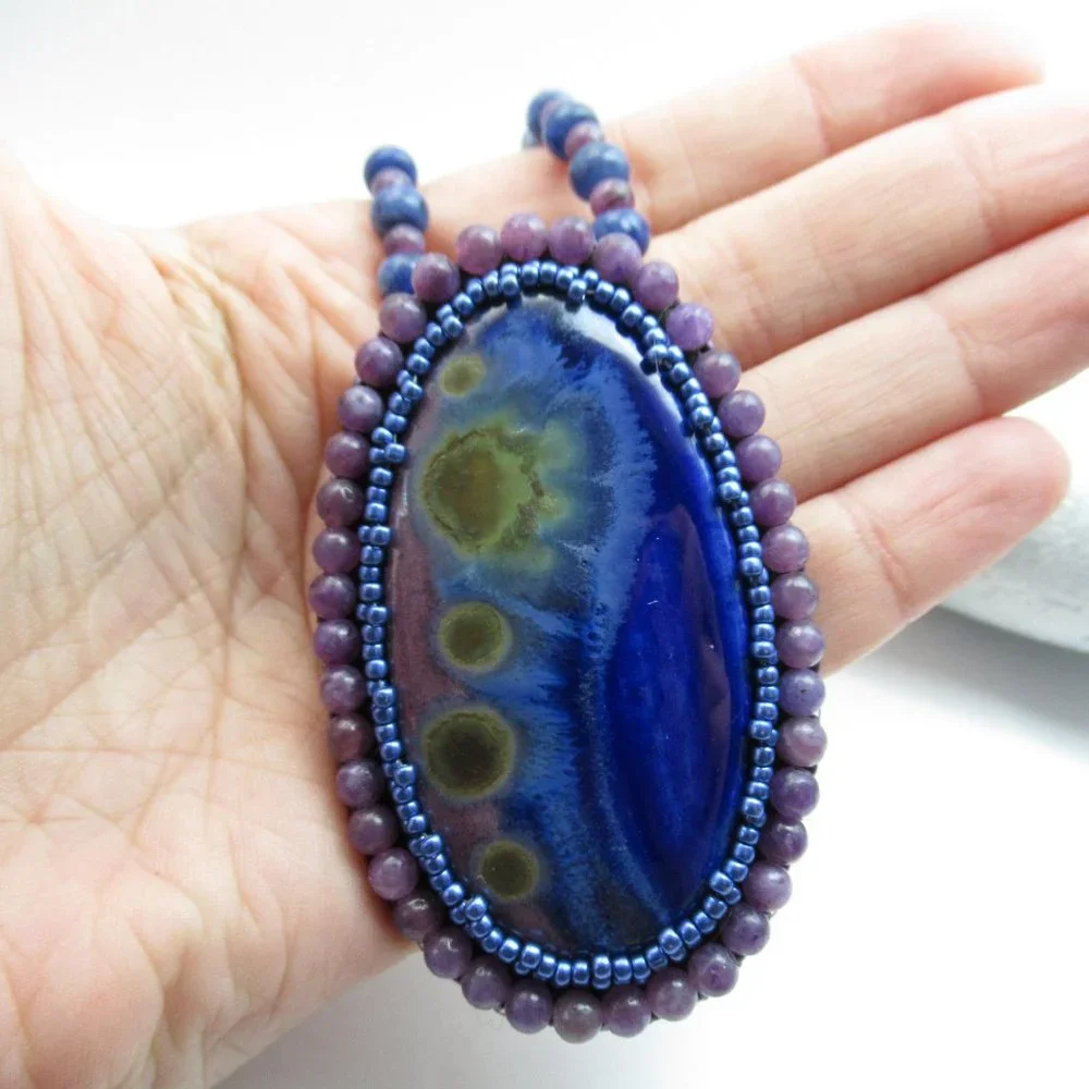 Artisan Bead embroidered cabochon on Sodalite and Lepidolite necklace